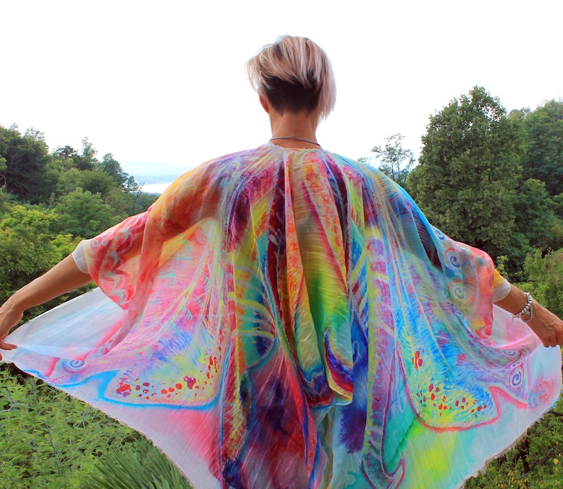 Wedding shawl. Spread your wings, you can fly. Large hand painted silk scarf fairy rainbow butterfly wings. Unique gift idea for bride, mom image 2