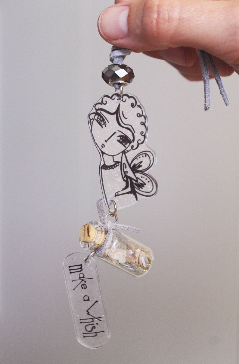 Necklace make a wish, fairy and fairy dust, glass bottle pendant, shrink plastic, hand drawn charm, personalized pendant 画像 4