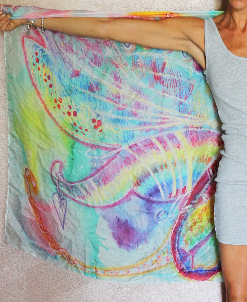 Wedding shawl. Spread your wings, you can fly. Large hand painted silk scarf fairy rainbow butterfly wings. Unique gift idea for bride, mom image 5