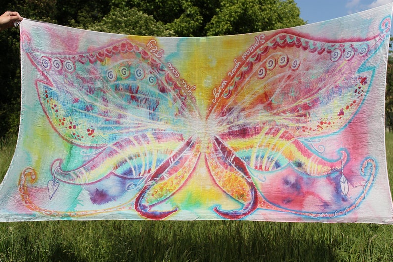 Wedding shawl. Spread your wings, you can fly. Large hand painted silk scarf fairy rainbow butterfly wings. Unique gift idea for bride, mom image 6