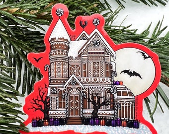 Gothic Gingerbread House - 3" Sticker with Glitter Accent