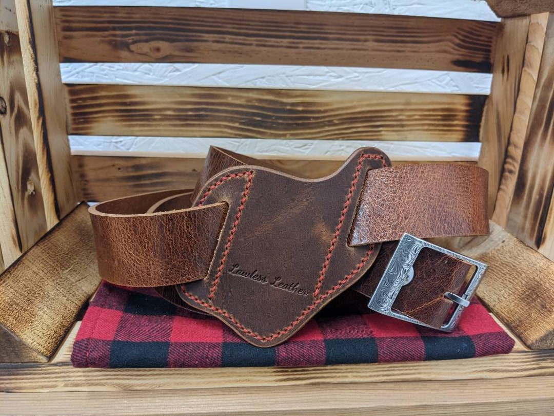 Leather Pocket Knife Belt Holster. Rustic Brown With Red Etsy