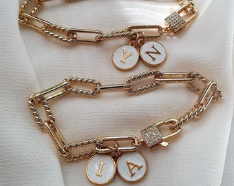 Gold Textured Paperclip Chain Bracelet, Initial Personalized Bracelet