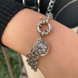 Multi Strand Silver Link Chain Bracelet,  Chunky Rock Style Clasp and Coin Statement Bracelet, Thick chain Stackable Bracelet, Bangle