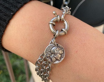 Multi Strand Silver Link Chain Bracelet,  Chunky Rock Style Clasp and Coin Statement Bracelet, Thick chain Stackable Bracelet, Bangle