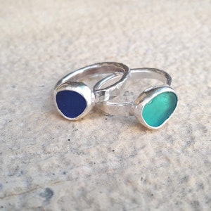 Blue Sea Glass Ring: Hammered Sterling Silver Boho Jewelry