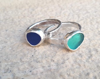 Blue Sea Glass Ring: Hammered Sterling Silver Boho Jewelry