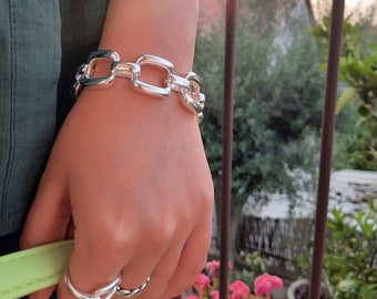 Chunky 925 Sterling Silver Chain Link Bracelet, Geometric Thick Chain Bangle