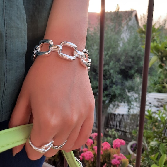 Chunky 925 Sterling Silver Chain Link Bracelet, Geometric Thick