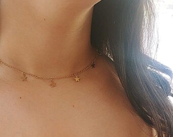 Dangle Gold Star Choker Necklace, Dainty  Layering Necklace