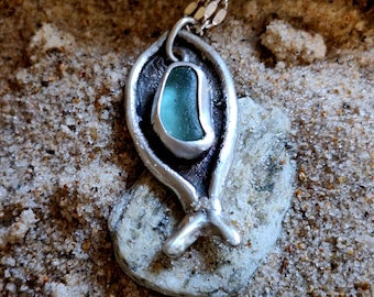Sea Glass Fish Pendant Necklace: Sterling Silver 3D Animal Jewelry
