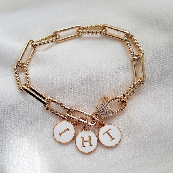 Multi Initial Bracelet For Mom, Personalized Bracelet, Gold Textured Paperclip Chain, Kids Initial Bracelet, Coin Disc, Gifts For Grandma