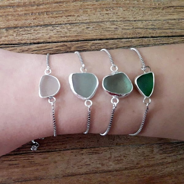 Sea Glass Bracelet, Genuine Seafoam, Aqua Seaglass Jewelry, 925 Sterling Silver Slide Bracelet