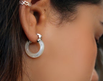 Pearl Hoop Earrings, Hoop Earrings, Hoops Earrings, White Hoops, Earrings, Small Hoop Earrings, Mother of Pearl Earrings, Sterling Silver