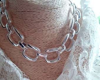 Chunky 925 Sterling Silver Chain Link Necklace, Geometric Thick Chain Choker