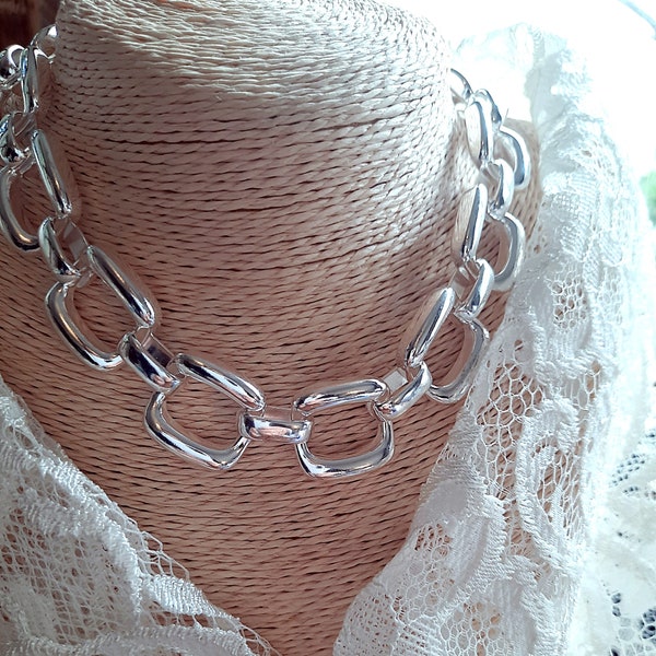 Chunky 925 Sterling Silver Chain Link Necklace, Geometric Thick Chain Choker