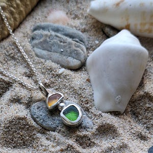 Two Bezel Set Sea Glass Necklace, Sea Glass Necklace,  Sea Glass Jewelry, Beach Glass Necklace, Beach Glass Jewelry, Sea Glass