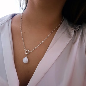 Pearl Necklace, Silver Baroque Pearl Necklace, 925 Silver Layering Necklace, White Big Pearl, Chunky Necklace, Gift Mom, Friend