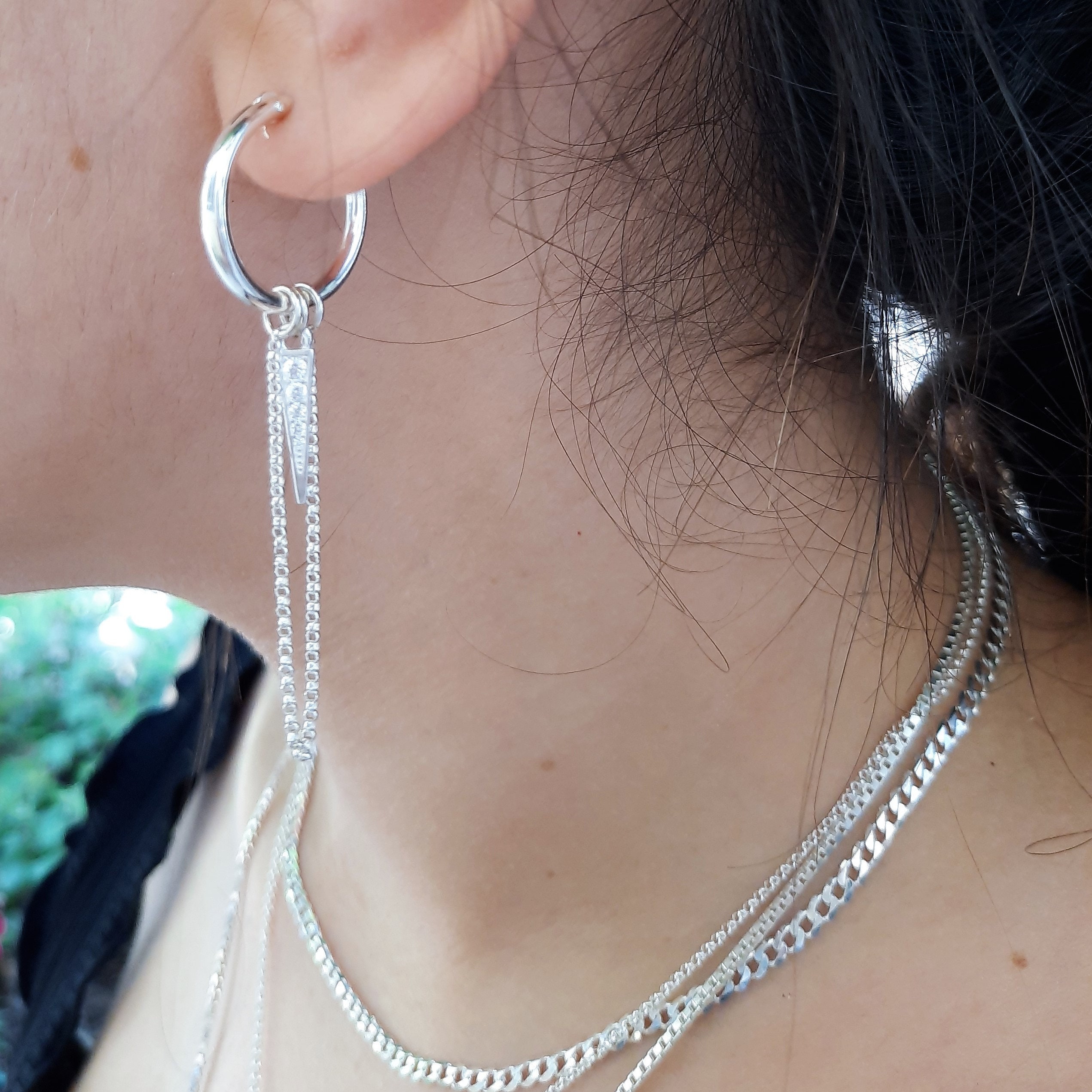 Long Chain Drop Earring, Sterling Silver Hoop, Jimin Long Chain Drop Earring, Sterling Silver Hoop, Jimin