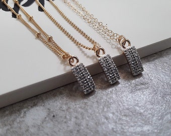 Tiny Gold Diamond Bar Necklace, Dainty CZ Necklace, Minimal Everyday Jewelry, Simple Layered, Cubic Zirconia Stick Pendant, Pave