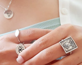 Silver Coin Ring, Square Coin Ring, Sterling Silver Signet Ring For Women, Square Coin Ring, statement ring, Ladies Signet Ring, Boho Ring