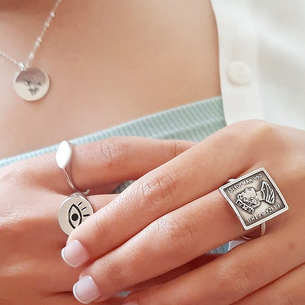 Silver Coin Ring, Square Coin Ring, Sterling Silver Signet Ring For Women, Square Coin Ring, statement ring, Ladies Signet Ring, Boho Ring