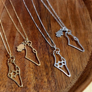 Israel Halskette, Israel Map, Hamsa Halskette, Davidstern Anhänger, israelförmiger Anhänger, jüdischer Schmuck, Jejuda, Heiliges Land Charm Halskette