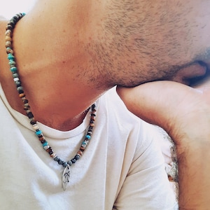 Boho Turquoise Choker Man, Heishi Gemstone Beaded Necklace For Men, Mens Surfer Minimalist Handmade Necklace