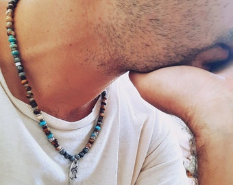 Boho Turquoise Heishi Necklace for Men: Handmade Gemstone Beaded Choker