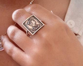 Square Silver Ring, Solid 925 Silver Coin Ring, Signet Ring For Women, Statement ring, Ladies Signet Ring, Boho Ring
