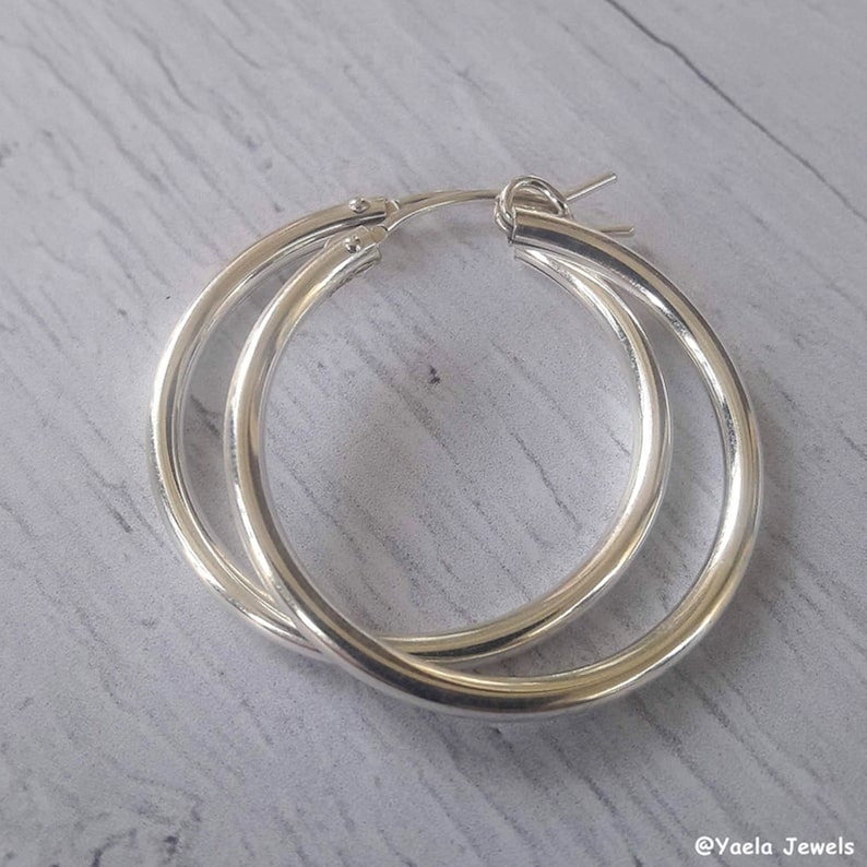 Silver Hoop Earring Thick Sterling Silver Hoops Medium Etsy