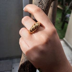 Gold Twisted Dome Ring, Croissant Ring, Stackable Ring, Gold Thick Band Ring, Rope Ring, Signet Ring, Ring for Women