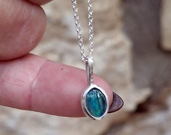 925 Silver Solid Australian Opal Necklace, Minimal Gemstone Pendant, Dainty Colorful Opal Stone Charm