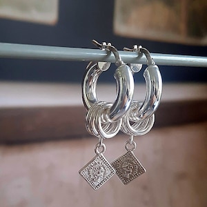 Dicker Sterling Silber Hoop, klobige Münze baumeln Hoop Ohrring, Bold Drop Puffed Statement Ohrringe, komfortable 4 mm Tube