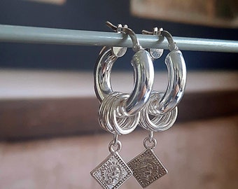 Thick Sterling Silver Hoop, Chunky Coin Dangle Hoop Earring, Bold Drop  Puffed Statement Earrings, Comfortable 4mm Tube