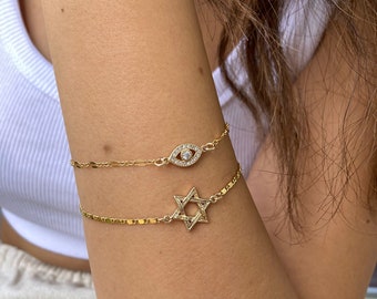 Gold bracelet, Star Of David Bracelet, Magen David Bracelet, Tiny Jewish Star Charm Bracelet, Evil eye Bracelet