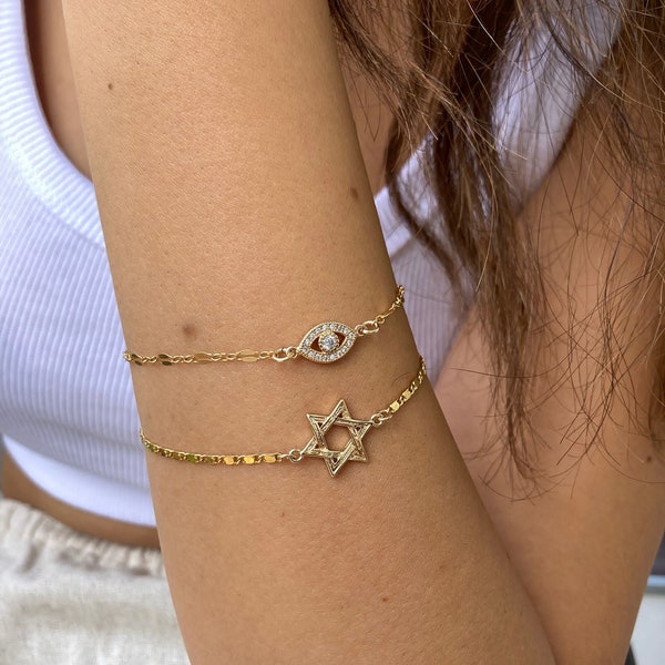 Gold bracelet, Star Of David Bracelet, Magen David Bracelet, Tiny Jewish Star Charm Bracelet, Evil eye Bracelet