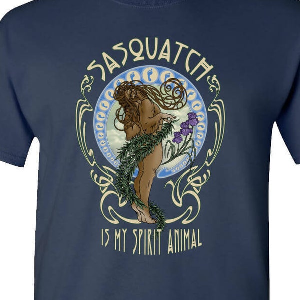 Sasquatch Is My Spirit Animal T-Shirt Funny New Age Humor Bigfoot Hunter Cryptid Deadhead Hippie Art Nouveau Big Foot Novelty Shirt Nature