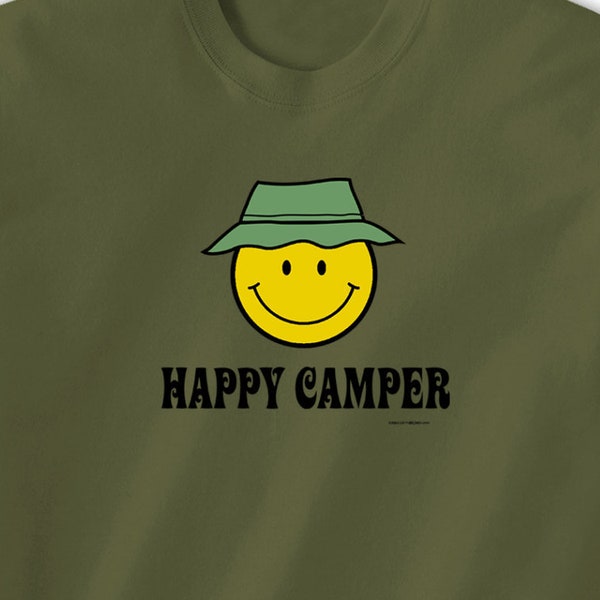 Happy Camper T-Shirt | Graphic Tee | Funny | Summer Vacation Tee | Classic Camping Trip Shirt | Retro Smiley Face | Campground | Unisex Tee