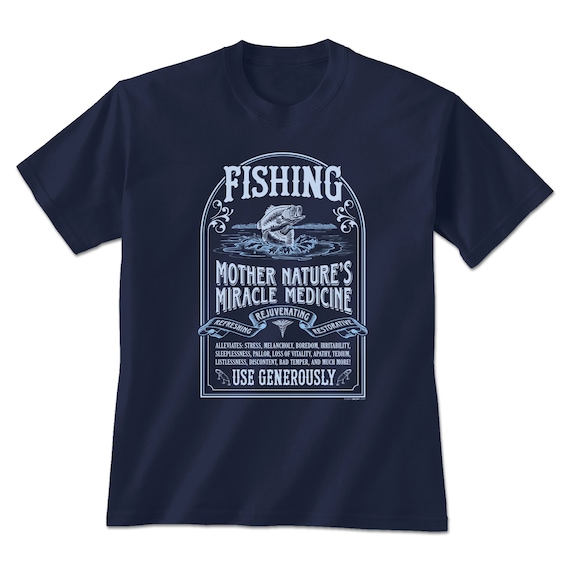 Fishing Cure T-Shirt | Graphic Tee | Fishing | Lake Life | Old Fashioned  Medicine | Nature Inspired | Navy | Novelty Apparel | Unisex Tees