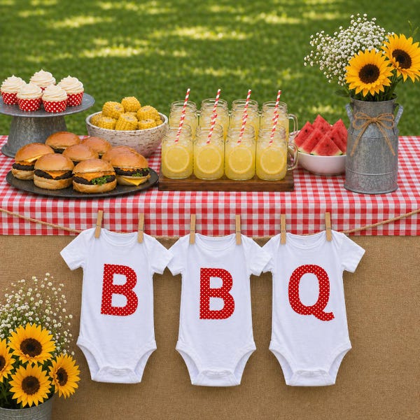 Baby Q Onesie, BBQ Baby Shower, BBQ Shower Decorations, Iron-On Letters, Red Polka Dot