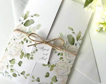 Wedding Invitation | Flower Wedding Invitation | Gatefold Wedding Invitation | White flower wedding invite | Floral Wedding Invite ribbon