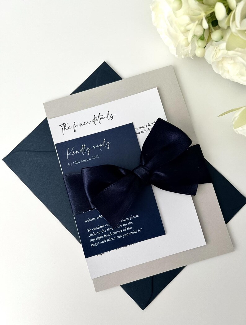 Amber Wedding Invitation | RSVP Card | Invitation bundle | invite with bow belly band | luxury invitations | monochrome invites | envelope imagem 19