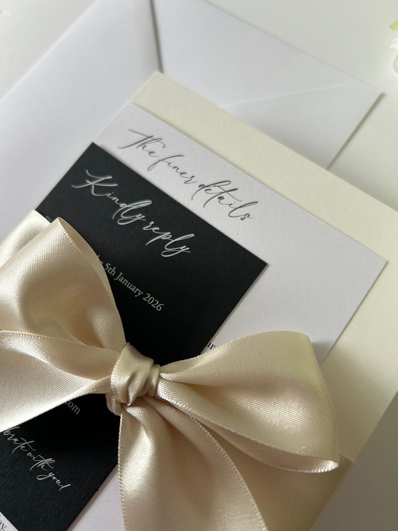 Amber Wedding Invitation | RSVP Card | Invitation bundle | invite with bow belly band | luxury invitations | monochrome invites | envelope imagem 18