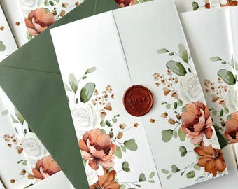 Wedding Invitation | Flower Wedding Invitation | Gatefold Wedding Invitation | Rust flower wedding invite | Floral Wedding Invite wax stamp