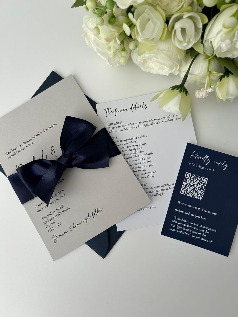 Amber Wedding Invitation | RSVP Card | Invitation bundle | invite with bow belly band | luxury invitations | monochrome invites | envelope imagem 13