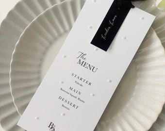Personalised Tag and Pearl Wedding Menu with Ribbon | Simple stationery | Wedding Menu and place card |  | Wedding Menu Place Card