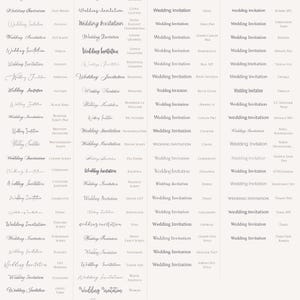 May include: A chart of wedding invitation fonts, with two sections: "Fancy Fonts" and "Script Fonts". Each section lists a variety of font names, with the word "Wedding Invitation" written in each font.