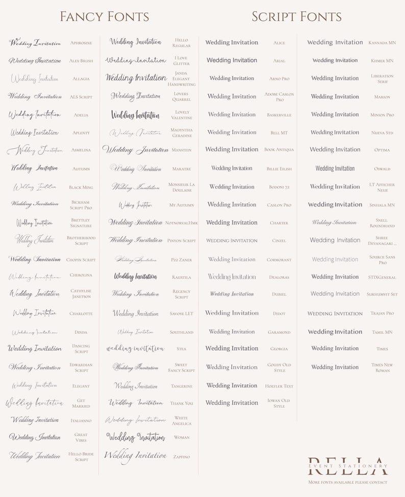 May include: A chart of wedding invitation fonts, with two sections: "Fancy Fonts" and "Script Fonts". Each section lists a variety of font names, with the word "Wedding Invitation" written in each font.