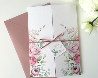 Wedding Invitation | Flower Wedding Invitation | Gatefold Wedding Invitation | Pink flower wedding invite | Floral Wedding Invite and ribbon